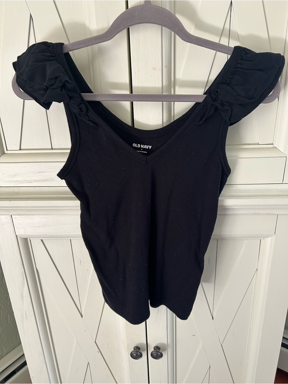 Old Navy Black V-Neck Ribbed Tank with Ruffle Shoulder